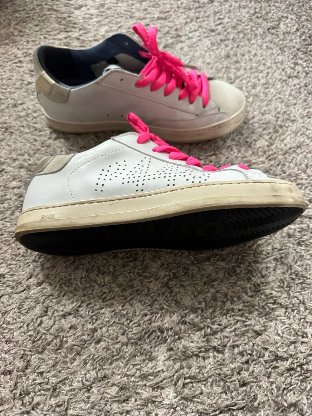 P448 White Leather Sneakers with Neon Pink Laces